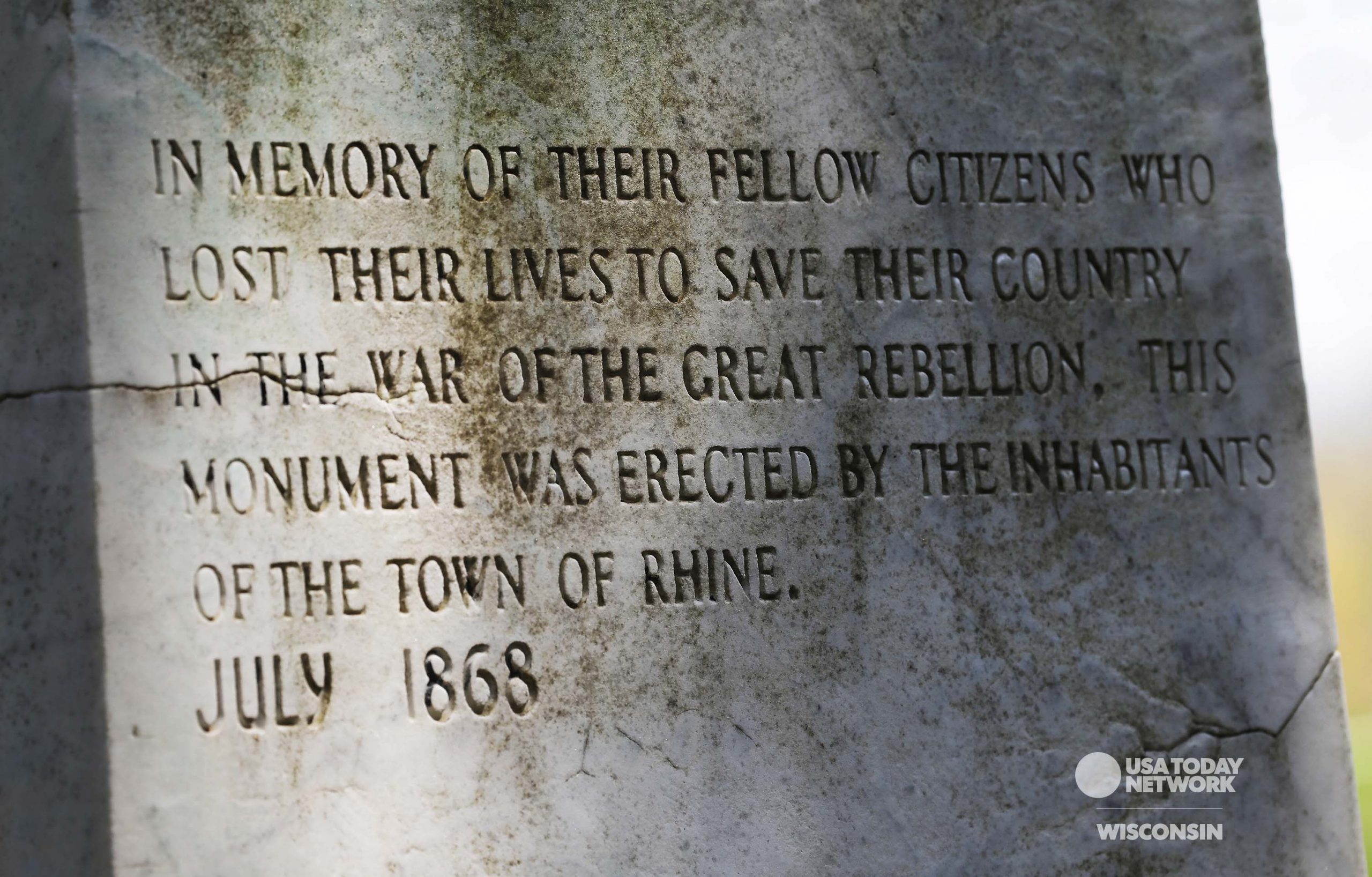 The monument is engraved of who created the Town of Rhine Civil War Monument as seen in this, Tuesday, May 10, 2022, photo near Elkhart Lake, Wis. 
- Photo credit to USA TODAY NETWORK _ Wisconsin